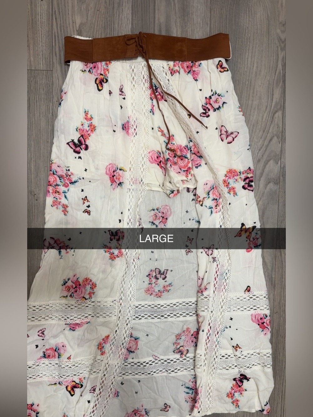 Large Boho Floral Lace-Trim Maxi shorts skirt long short  with Brown Waist Tie
